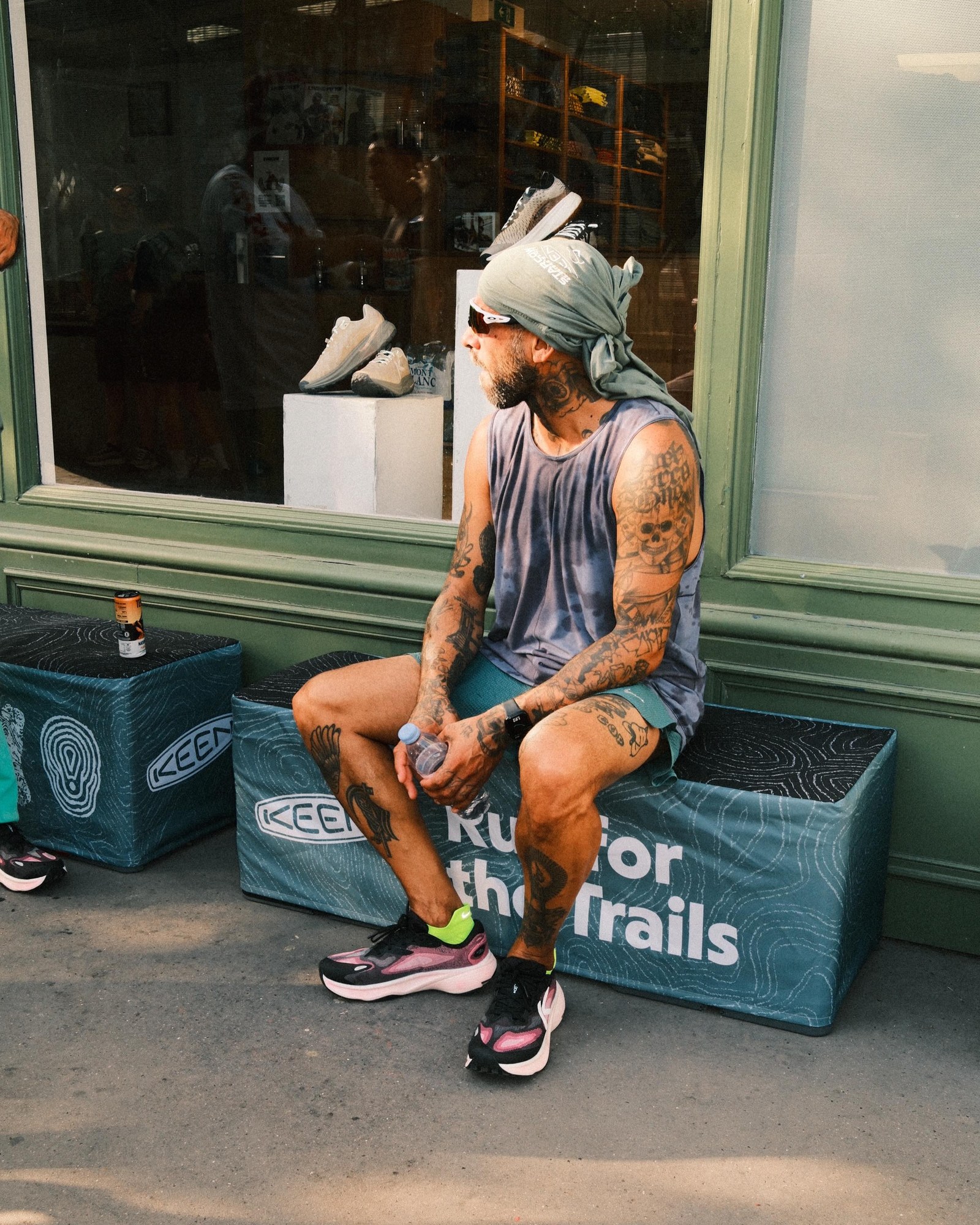 Catching a breather on the KEEN box.